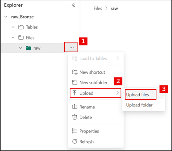 Screenshot showing upload files from local folder into MS Fabric Lakehouse