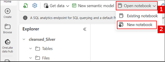 Screenshot showing how to include a new notebook in MS Fabric