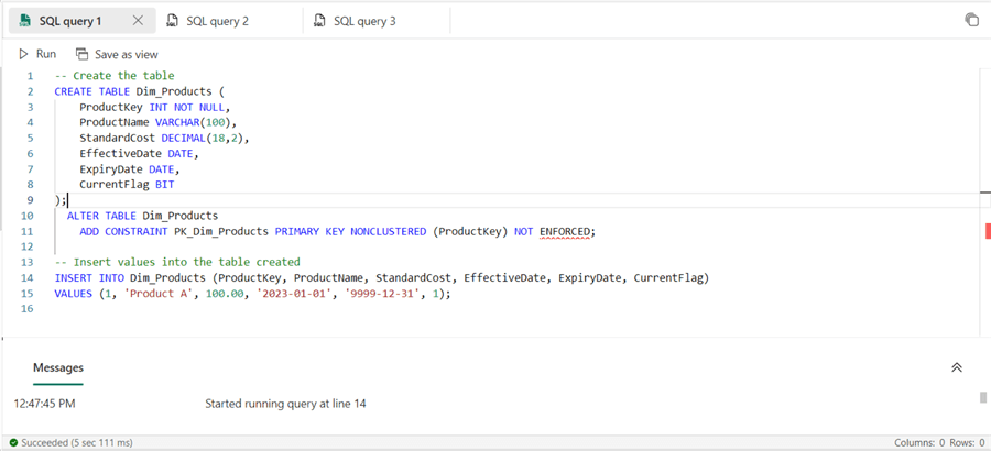 Screenshot showing SQL code to create and insert values into a table