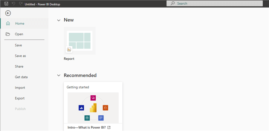 Power BI desktop start screen