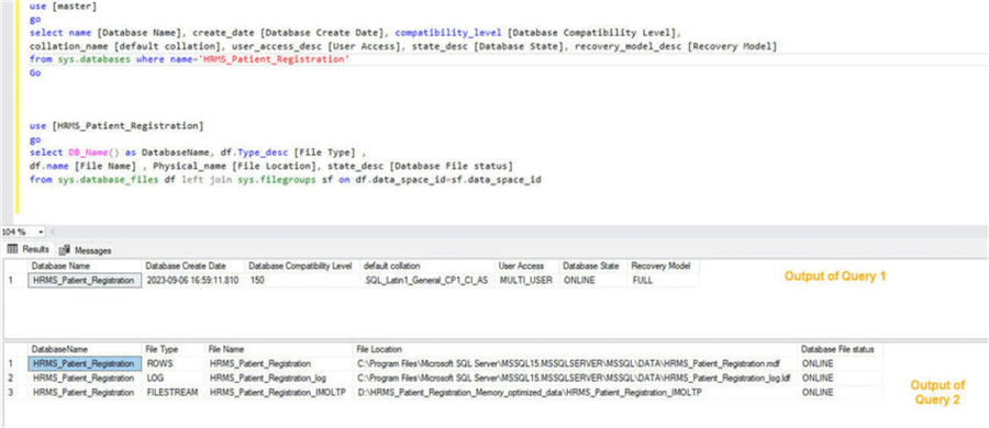 sql server database settiings output