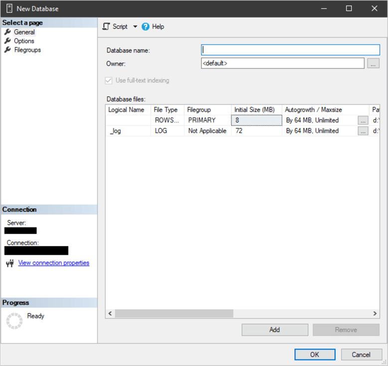 ssms create database screen