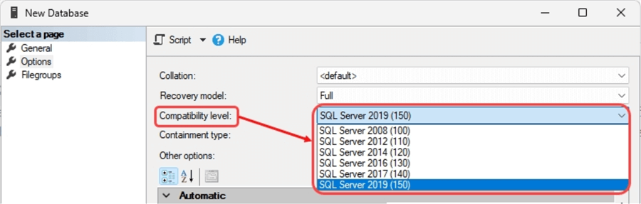 Compatibility level for sql server database