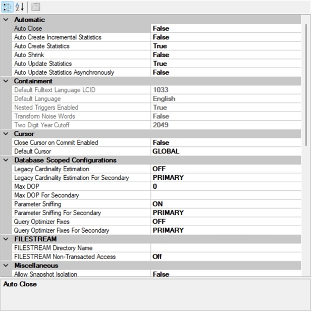 sql server database settings