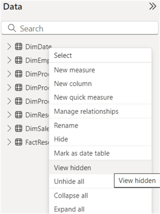 select view hidden in context menu