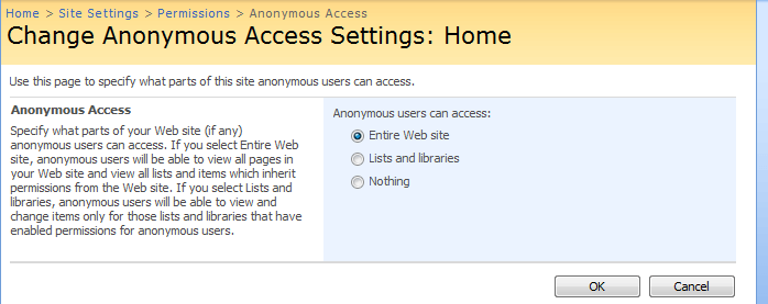 Select your anonymous access setting