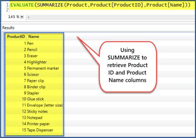 dax summarize query result