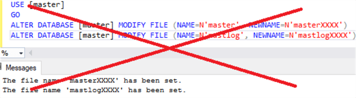 This screenshot shows that the MODIFY FILE command will allow the SQL Server master database logical file names to be changes, but makes it VERY clear that this is not an operation that should be executed.