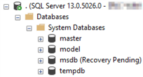 This screenshot shows that the database MSDB is listed as Recovery Pending