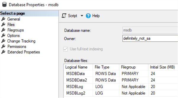 This screenshot shows a MSDB instance with 2 data files and 2 log files.