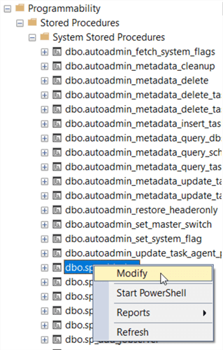 This screenshot shows the Modify option of a context menu for a system stored procedure in MSDB.